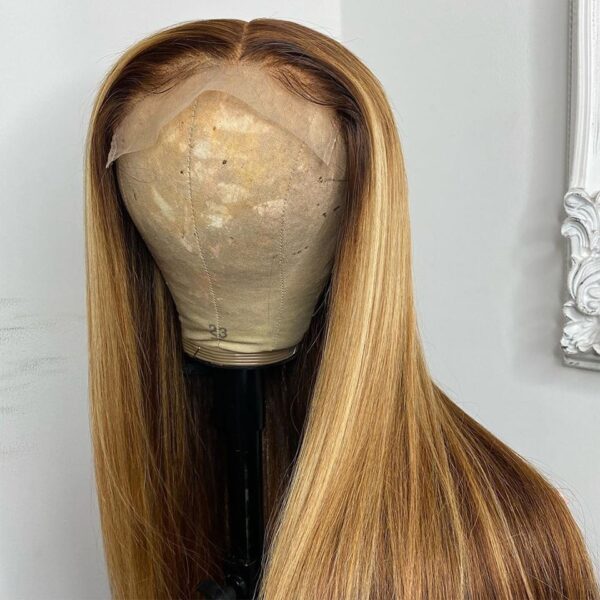 13x4 Lace Front Human Hair Wig for Women Long Straight Honey Blond Ombre Highlight 130% Remy Brazilian Plucked